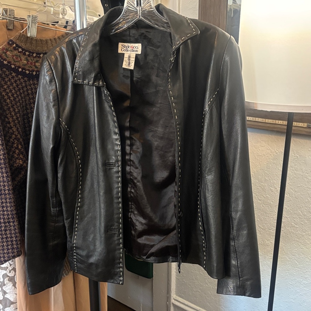 Style & co Collection Black Leather Jacket with white stitching